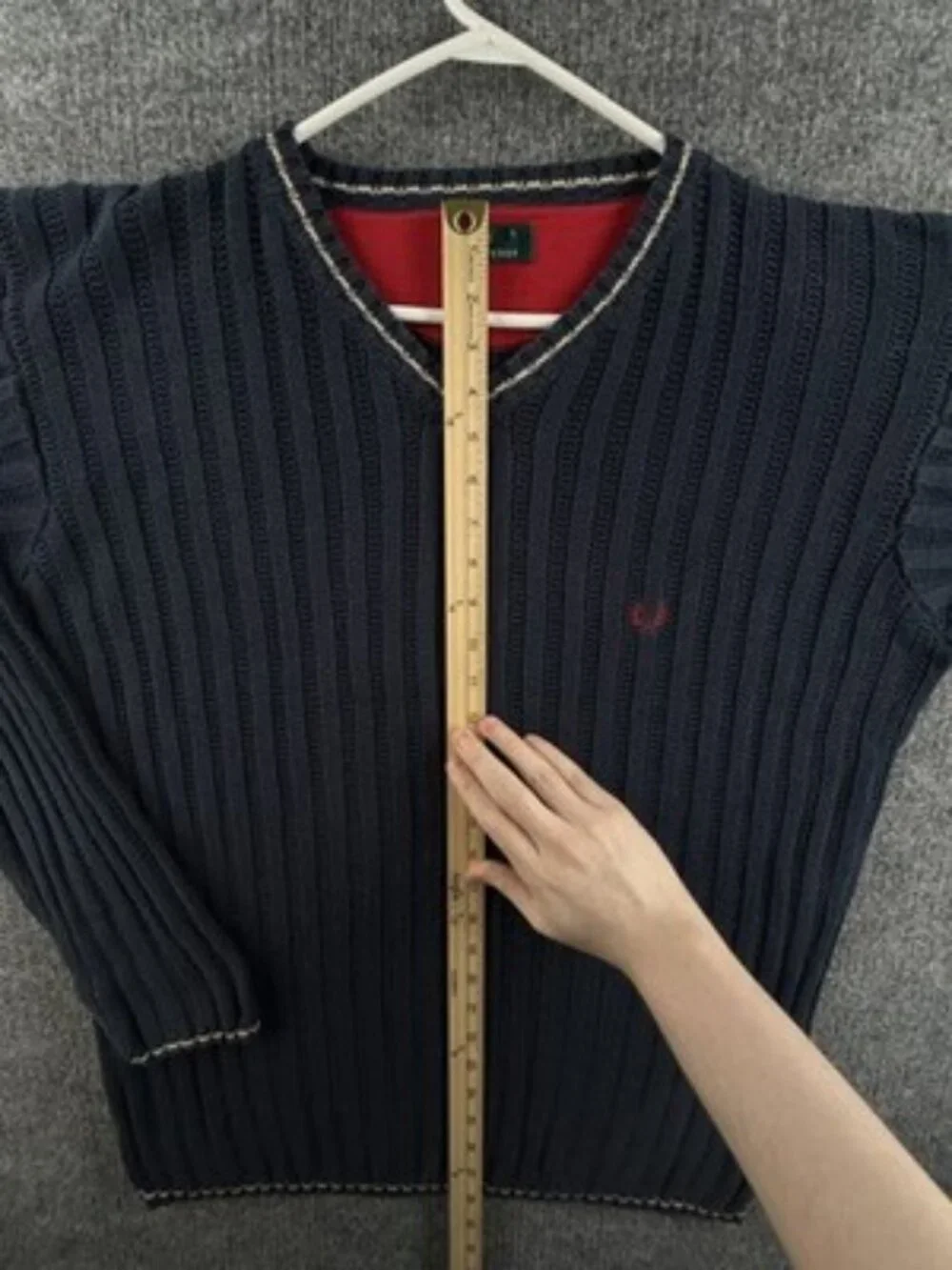 Fred Perry Heavyweight Large Logo V-Neck Blue Men Pullover Sweater Cotton Knit